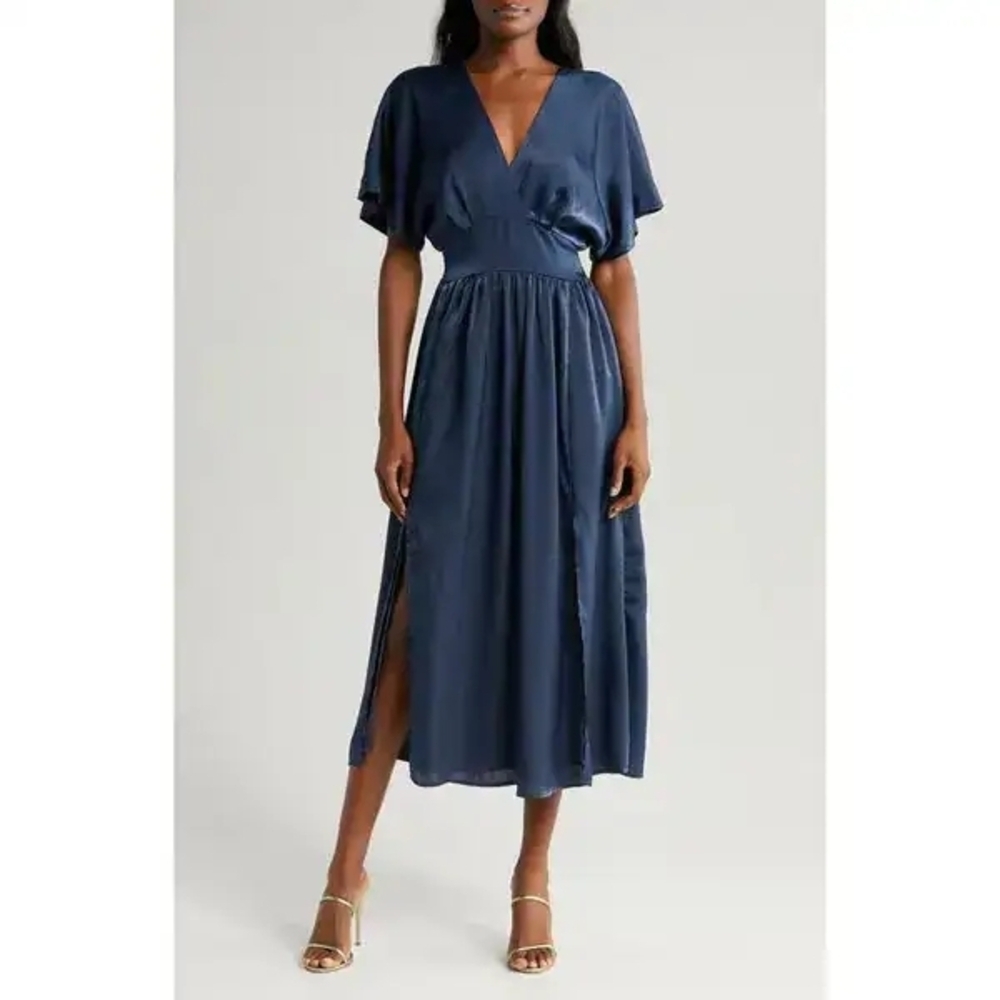 Chelsea28 Navy V-Neck Midi Dress with Flutter Sleeves